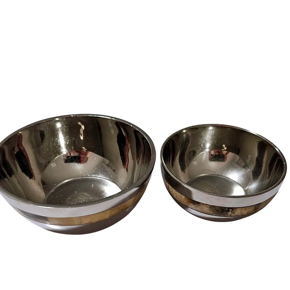 Stainless Steel Nesting Bowls Set of 2 Silver with Shell Inlay Mosaic Band VTG